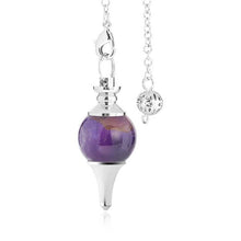 Load image into Gallery viewer, amethyst crystal ball and silver point weighted dowsing pendulum with chain for spiritual divination and making decisions
