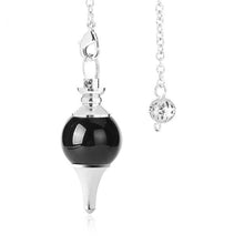 Load image into Gallery viewer, black onyx crystal ball and silver point weighted dowsing pendulum with chain for spiritual divination and making decisions
