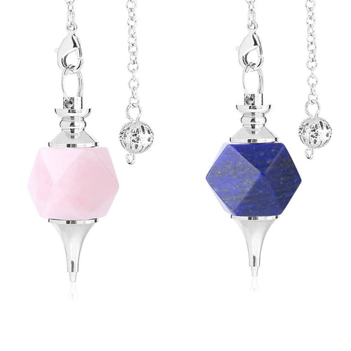 crystal geometric cubed octahedron and silver point weighted dowsing pendulum with chain for spiritual divination and making decisions