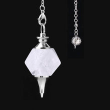 Load image into Gallery viewer, clear quartz crystal geometric cubed octahedron and silver point weighted dowsing pendulum with chain for spiritual divination and making decisions
