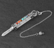 Load image into Gallery viewer, crystal chakra wand dowsing pendulum with 7 chakra stones. weighted spiritual dowsing pendulum with chain for spiritual divination making decisions collection. buy chakra dowsing pendulum.
