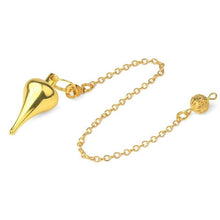 Load image into Gallery viewer, metal dowsing drop rounded cone weighted gold pendulum with chain for spiritual divination and making decisions
