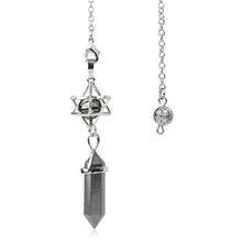 Load image into Gallery viewer, hematite crystal merkaba pendulum - crystal ball and silver weighted dowsing pendulum with chain for spiritual divination and making decisions
