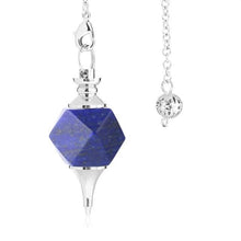 Load image into Gallery viewer, lapis lazuli crystal geometric cubed octahedron and silver point weighted dowsing pendulum with chain for spiritual divination and making decisions
