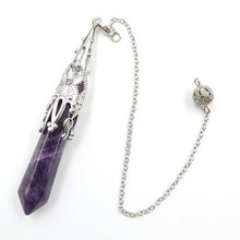 Load image into Gallery viewer,  amethyst crystal drop and silver point weighted dowsing pendulum with chain for spiritual divination and making decisions
