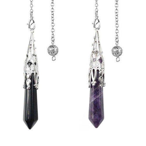  amethyst crystal drop and silver point weighted dowsing pendulum with chain for spiritual divination and making decisions