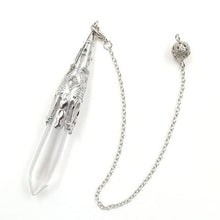 Load image into Gallery viewer, clear quartz crystal drop and silver point weighted dowsing pendulum with chain for spiritual divination and making decisions
