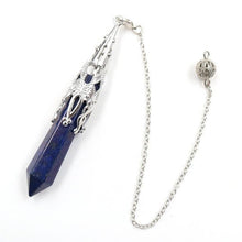 Load image into Gallery viewer,  lapis lazuli crystal drop and silver point weighted dowsing pendulum with chain for spiritual divination and making decisions
