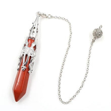 Load image into Gallery viewer,  red jasper crystal drop and silver point weighted dowsing pendulum with chain for spiritual divination and making decisions
