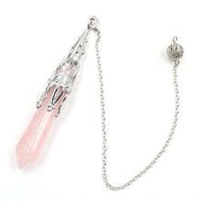 Load image into Gallery viewer,  rose quartz crystal drop and silver point weighted dowsing pendulum with chain for spiritual divination and making decisions

