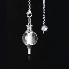 Load image into Gallery viewer, quartz crystal ball and silver point weighted dowsing pendulum with chain for spiritual divination and making decisions
