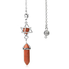 Load image into Gallery viewer, red jasper crystal merkaba pendulum - crystal ball and silver weighted dowsing pendulum with chain for spiritual divination and making decisions
