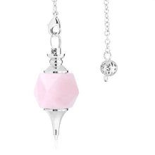 Load image into Gallery viewer,  rose quartz crystal geometric cubed octahedron and silver point weighted dowsing pendulum with chain for spiritual divination and making decisions
