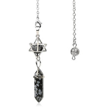 Load image into Gallery viewer, snowflake obsidian crystal merkaba pendulum - crystal ball and silver weighted dowsing pendulum with chain for spiritual divination and making decisions
