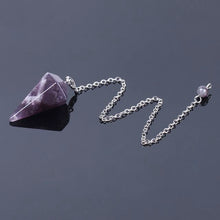 Load image into Gallery viewer, amethyst crystal faceted pyramid point weighted dowsing pendulum with chain for spiritual divination and making decisions
