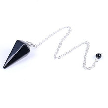 Load image into Gallery viewer, black onyx crystal faceted pyramid point weighted dowsing pendulum with chain for spiritual divination and making decisions
