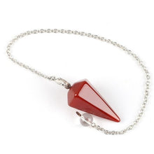 Load image into Gallery viewer, red agate crystal faceted pyramid point weighted dowsing pendulum with chain for spiritual divination and making decisions
