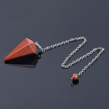 Load image into Gallery viewer, red jasper crystal faceted pyramid point weighted dowsing pendulum with chain for spiritual divination and making decisions
