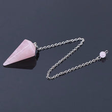 Load image into Gallery viewer, rose quartz crystal faceted pyramid point weighted dowsing pendulum with chain for spiritual divination and making decisions
