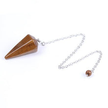 Load image into Gallery viewer, tigers eye crystal faceted pyramid point weighted dowsing pendulum with chain for spiritual divination and making decisions
