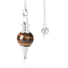 Load image into Gallery viewer, tiger&#39;s eye crystal ball and silver point weighted dowsing pendulum with chain for spiritual divination and making decisions
