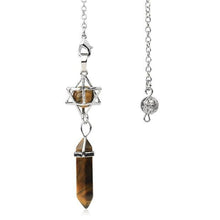 Load image into Gallery viewer, tiger&#39;s eye crystal merkaba pendulum - crystal ball and silver weighted dowsing pendulum with chain for spiritual divination and making decisions
